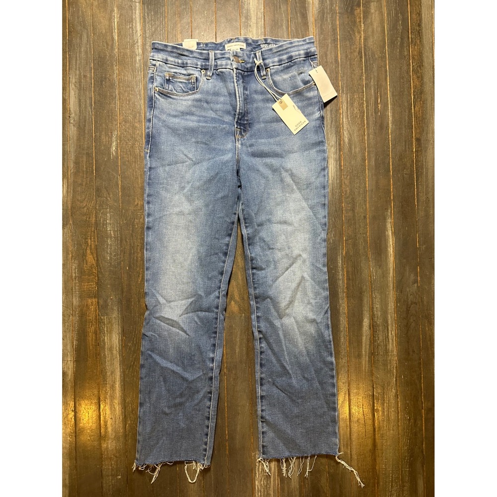 Good American Good Legs Straight Jeans Indigo514 Mid Rise Chewed Fray Hem